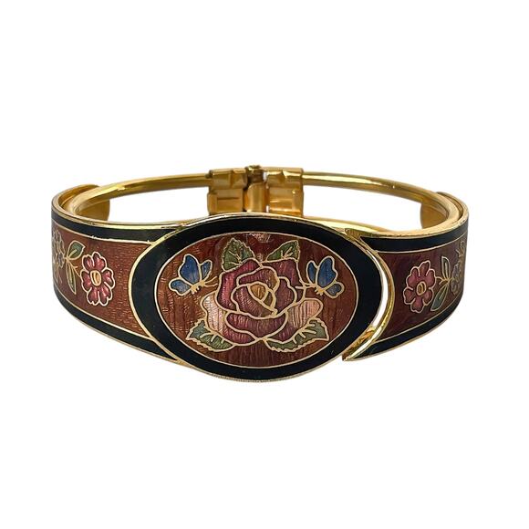 80s Gold Plate Multicolor Cloisonné Enamel Butterfly Floral Motif Hinge Bracelet - Picture 1 of 7